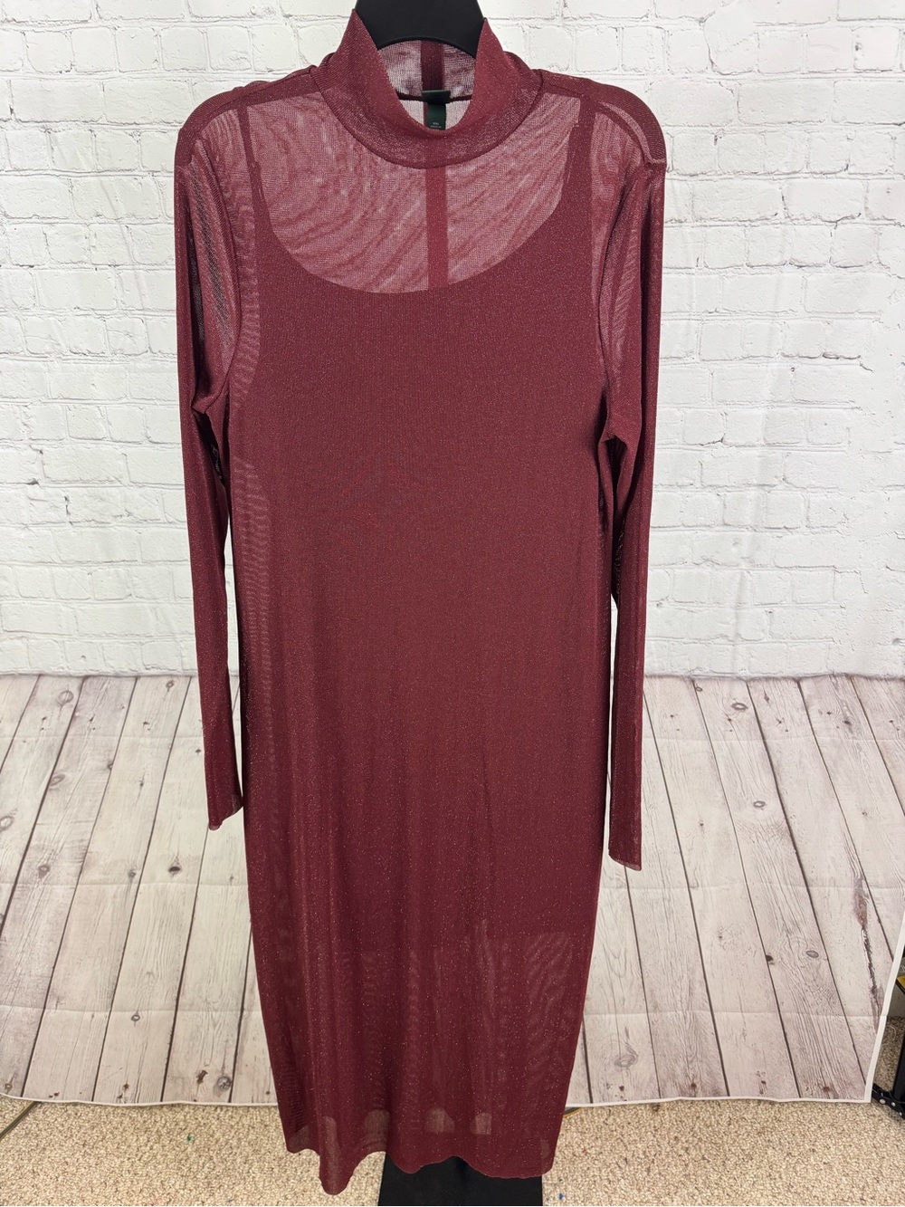 Wild Fable Burgundy Lurex Metallic Mesh Long Sleeve Midi Dress Size XXL